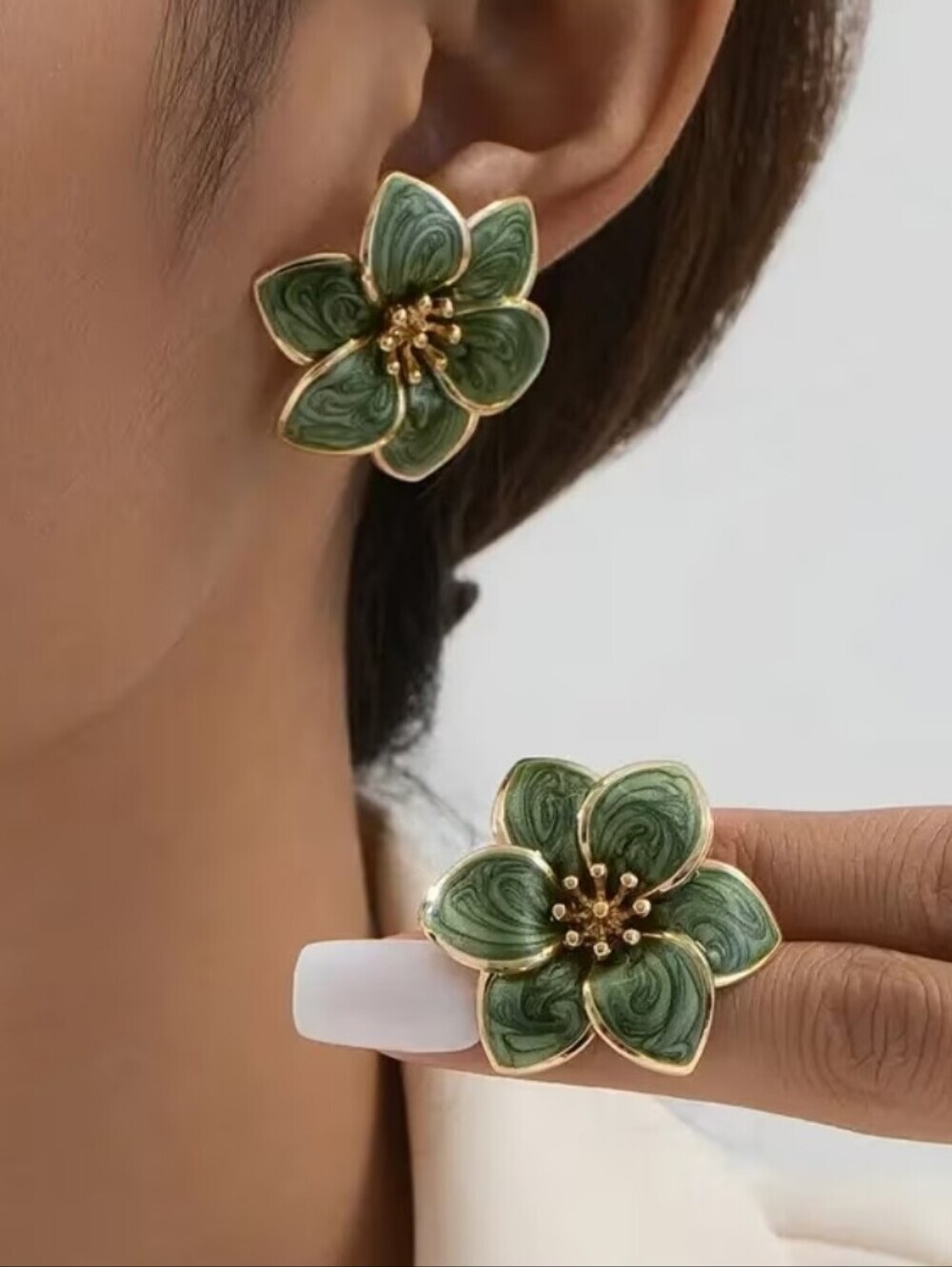 Green Floral Enamel Stud Earrings - Gold Accent
